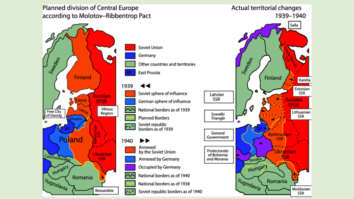 Map shows the planned division of Central Europe according to the Hitler-Stalin Pact of 1939 compared to the actual division by 1941.
