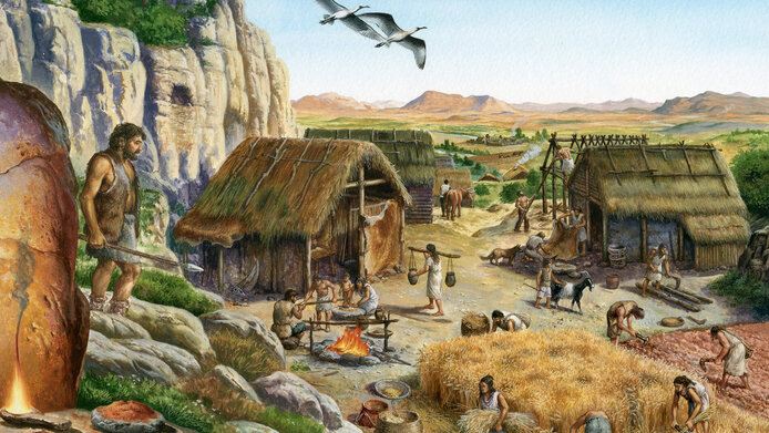 Illustration of hunters and gatherers in the Stone Age