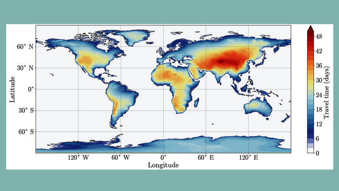 World map showing continental air masses—colors indicate how many days particles spend over land.