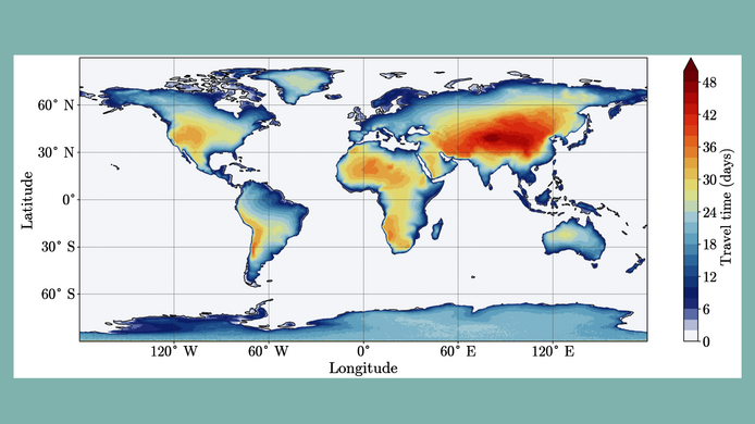 Weltkarte mit kontinentalen Luftmassen - Farben zeigen, wie viele Tage Partikel über Land verbringen. 