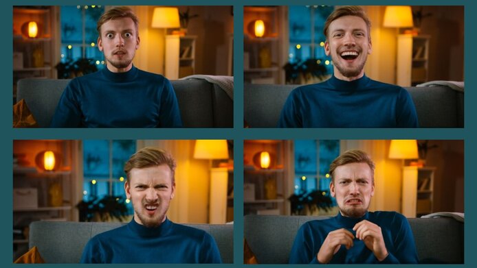 Collage of four portraits of a man with expressions of joy, fear, horror, and amazement