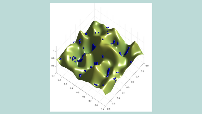A simulation of the migration of cells (blue) through deformable surroundings (green) 
