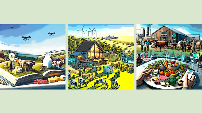 three illustrations depicting sustainable agriculture, featuring cows, drones, farms, and dietary diversity