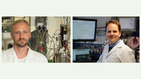Oliver Spadiut (li.) entwickelt Kultivierungsstrategien für Zelltherapien gegen Krebs und andere Erkrankungen. Valentin von Werz ist Doktorand in Spadiuts Gruppe und maßgeblich am Forschungsprojekt beteiligt. 
