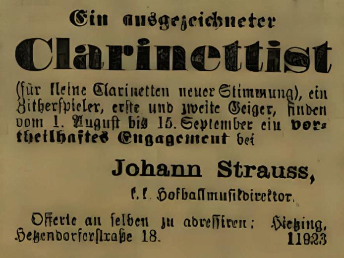 Anzeige von Johann Strauss, der einen Klarinettisten sucht aus dem Jahr 1870