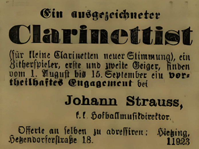 Advertisement by Johann Strauss looking for a clarinettist from the year 1870