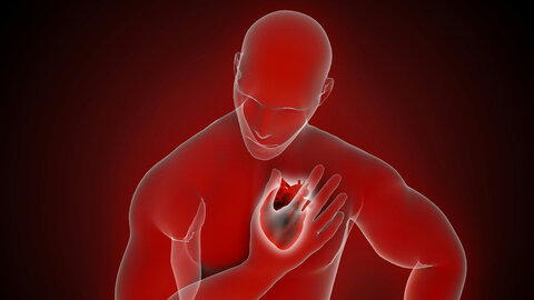 Illustration in red of a man leaning forward and holding his hand on the visible heart