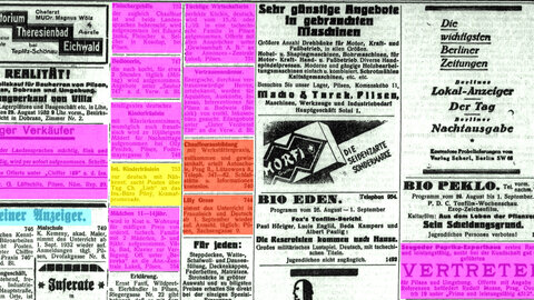 Excerpt from historical job advertisements - partly highlighted in color