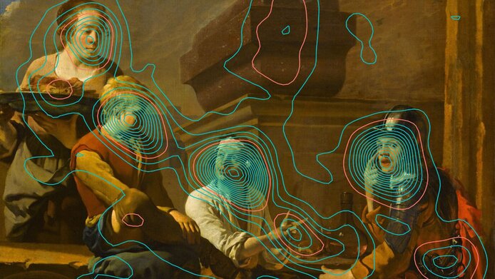 Okulometrische Analyse von 30 gehörlosen Personen, die Karel Dujardin, Die Morra-Spieler, um 1660, Louvre, betrachten. Die blauen Linien stellen die Konturen der Blickfixationscluster dar, während die roten Linien ausgewählten Bereichen von Interesse entsprechen.