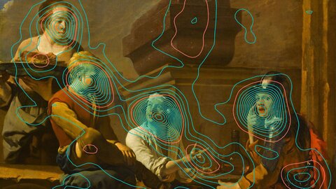 Okulometrische Analyse von 30 gehörlosen Personen, die Karel Dujardin, Die Morra-Spieler, um 1660, Louvre, betrachten. Die blauen Linien stellen die Konturen der Blickfixationscluster dar, während die roten Linien ausgewählten Bereichen von Interesse entsprechen.