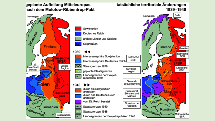 Landkarte zeigt geplante Aufteilung Mitteleuropas laut Hitler-Stalin-Pakt von 1939 im Vergleich zur tatsächlichen Aufteilung bis 1941
