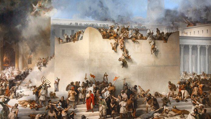 Bild des Malers Francsco Hayez aus dem 19. Jahrhundert, das die kriegerischen Auseinandersetzungen bei der römischen Eroberung Jerusalems und die Zerstörung des jüdischen Tempels zeigt