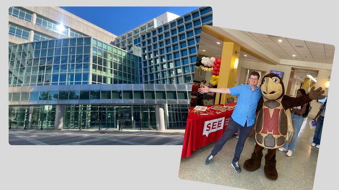 The building in College Park (left) houses the film collection of the U.S. National Archives. On the right is Schrödinger Fellow Joachim Schätz with Testudo, the University of Maryland’s mascot. 