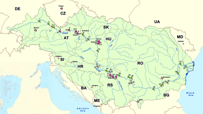 Map of the Danube river from its source to the Black Sea