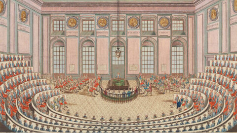 Illustration of the auditorium in the Josephinum in Viennay by JOhann Hieronymus Löschenkohl in 1785