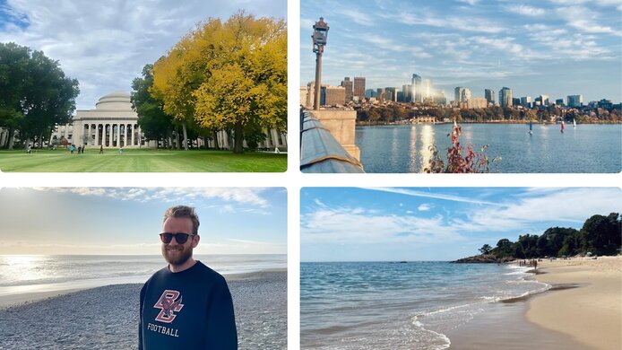 Bildcollage mit vier Bildern: Blick auf die Skyline von Boston über den Charles River, Great Dome des MITs im Herbst vom Killian Court aus, Singing Beach in Manchester-by-the-sea 