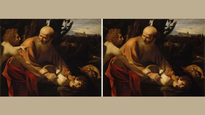 Left: Original version of Caravaggio, The Sacrifice of Isaac, c.1603, Uffizi, © Web Gallery of Art.; right: Edited version of the painting without pointing finger.