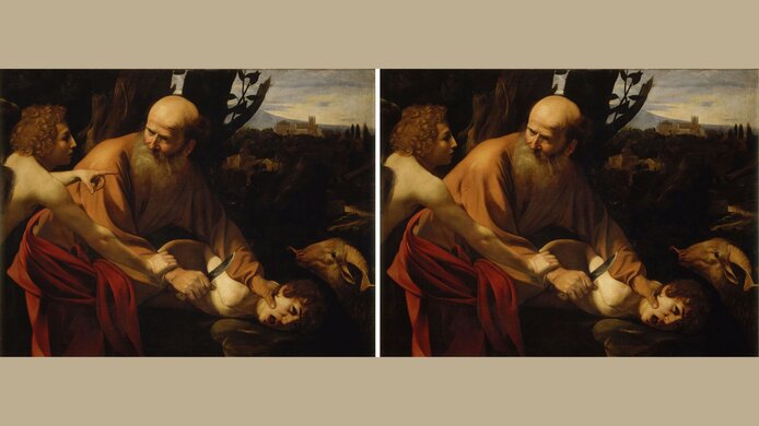 Links: Originalversion von Caravaggio, Das Opfer Isaaks, um 1603, Uffizien; Rechts: Bearbeitete Version desselben Gemäldes, bei der der zeigende Finger des Engels entfernt wurde. 