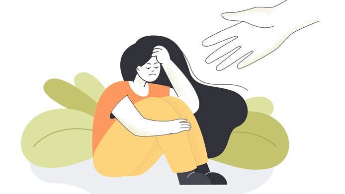 Illustration of a tired woman sitting on the floor with her legs pulled up—a helping hand comes from the right.