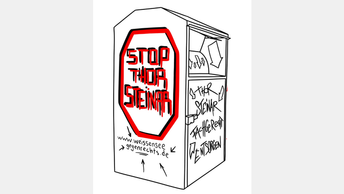 Illustration of a used clothing collection bin with text in black and red opposing fashion labels associated with the far-right scene