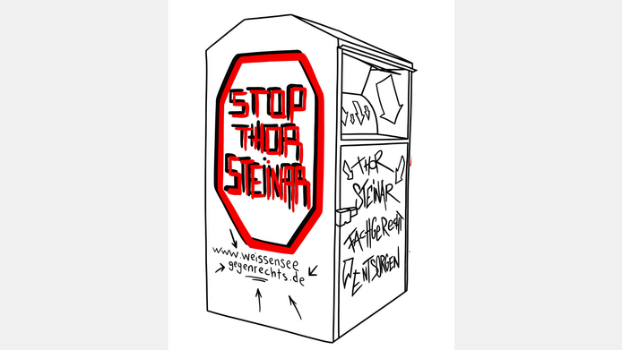 Illustration eines Altkleidercontainers mit Aufschrift in Schwarz und Rot gegen Modelabels aus dem rechtsextremen Milieu.