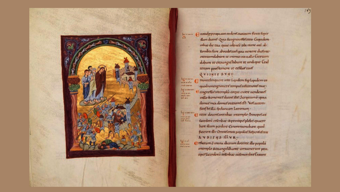 Medieval depiction of the Roman conquest of Jerusalem around the year 1000, from the Gospel Book of Otto III