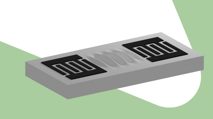 Computer model of a frequency filter: The left-hand interdigital transducer (dark gray combs) makes the surface of the substrate (light gray) vibrate. The waves spread out and are picked up by the second interdigital transducer on the right (dark gray combs) and converted back into electrical signals.