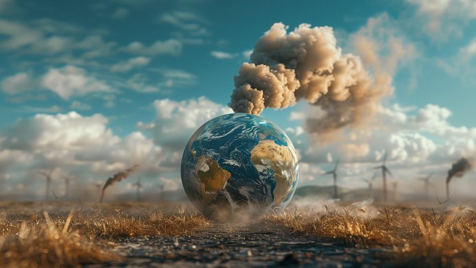 Planet Earth in a parched meadow; thick plumes of smoke are rising from the upper half of the globe