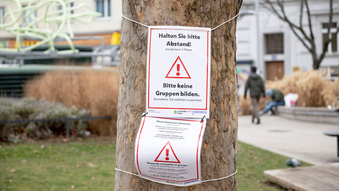 Signs reading “Please keep your distance!” and “Please do not form groups” on a tree in a public park in Vienna are meant to remind people of the current corona measures.