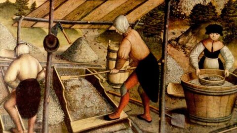 Medieval depiction of two men and a woman (miners) processing and cleaning ore