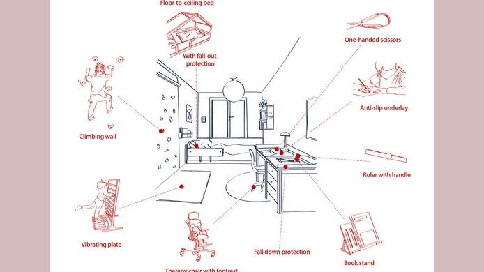 Architectural design for a children's room with ergonomic aids and movement incentives.