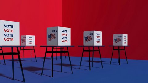 Graphic depiction of U.S. ballot boxes on tables labeled “Vote” against a blue-and-red background.