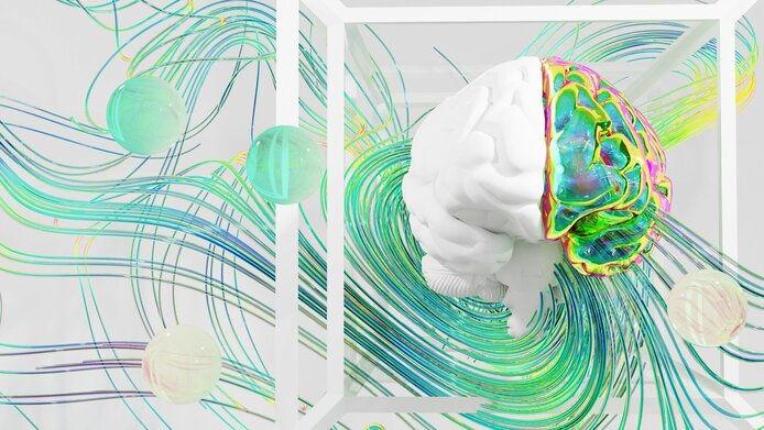 Artistic representation of a brain and its neurons in white and pastel colors