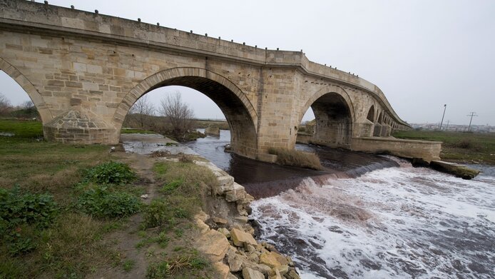 Long bridge of stone crosses the Ergene River 