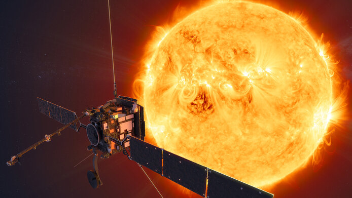 Close-up of the sun with X-ray telescope in the foreground