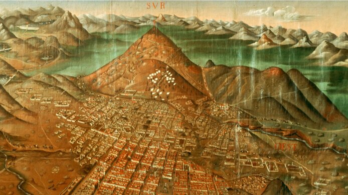A painting of a neighborhood in Potosí, Bolivia, featuring Cerro Rico, the “Rich Mountain,” where silver was mined