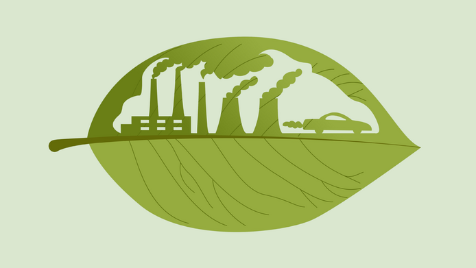 Illustration of a green leaf in which exhaust fumes from cars and industry are converted into green energy
