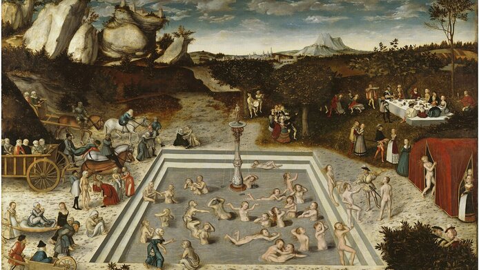 „Der Jungbrunnen“ (1546) von Lucas Cranach d. Ä. stellt den Mythos von ewiger Schönheit und Jugend dar. In den Brunnen steigen ausschließlich Frauen, die sich gegenseitig bei der Verjüngungskur helfen. 