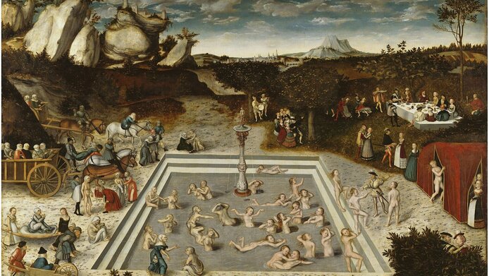 “The Fountain of Youth” (1546) by Lucas Cranach the Elder depicts the myth of eternal beauty and youth. Only women bathe in the fountain, helping each other with their rejuvenation treatments. 