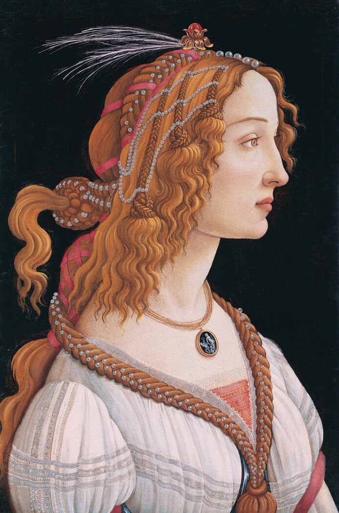 Portrait painting by Botticelli of an idealized beautiful young woman with long red hair, headdress, necklace, and elegant gown.