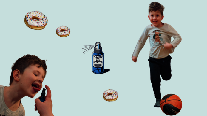 Collage with a boy playing soccer, getting something sprayed into his mouth, in between are donuts and a spray bottle with the placebo inside.