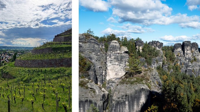 All around Dresden, vineyards—such as this one in Radebeul (left)—and the Elbe Sandstone Mountains of Saxon Switzerland invite visitors to relax in nature. 