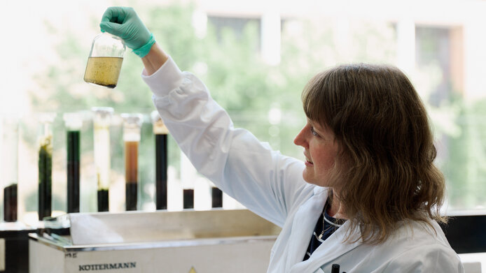Researcher in the lab is exploring mixed cultures of bacteria and archaea from four different biogas plants where different materials are digested. 